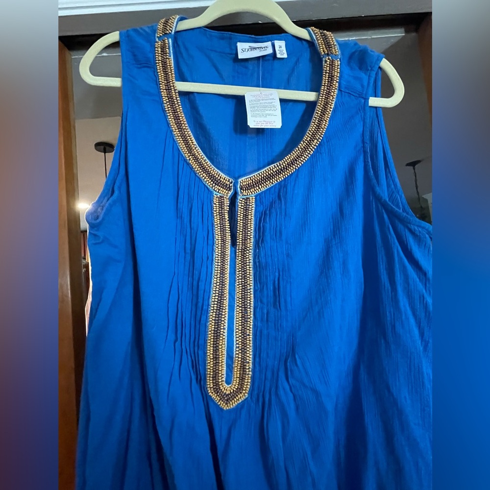 St. John's Bay Blue Sleeveless Top with Gold Beaded Trim